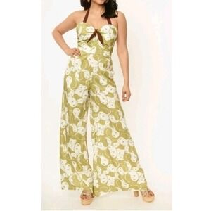 Unique Vintage x Smiley Green White Halter Jumpsuit Wide Leg K1617WRO Small 4